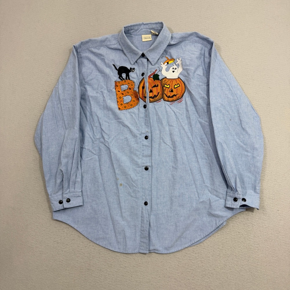 Vintage Falls Creek Button Shirt Women 18W Halloween Boo Embroidered Chambray